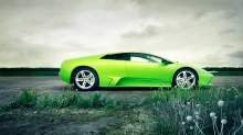 Зеленый Lamborghini Murcielago в чистом зеленом поле